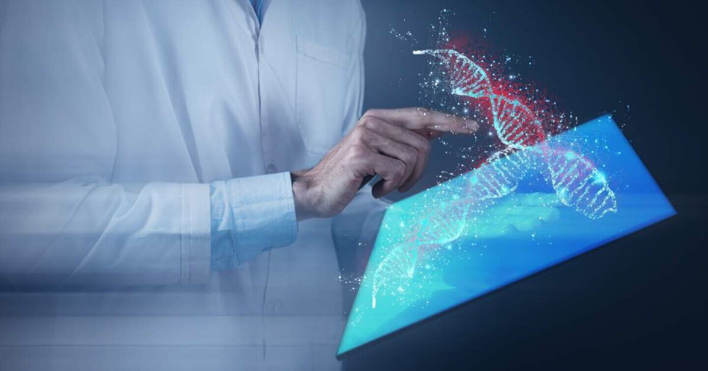 Abstract DNA graphic on a tablet held by a person